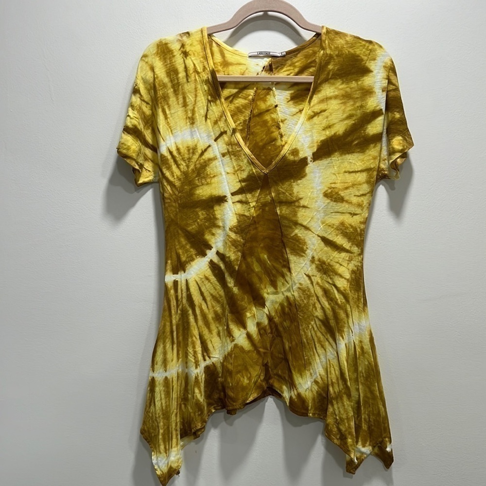 𝅺anthropologie Language Los Angeles Mustard Yellow Tie Dye Short Sleeve Shirt